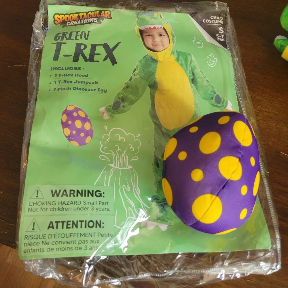 Kids T Rex Dinosaur Costume Deluxe Green Outfit Hood Jumpsuit Small 5-7 Unisex